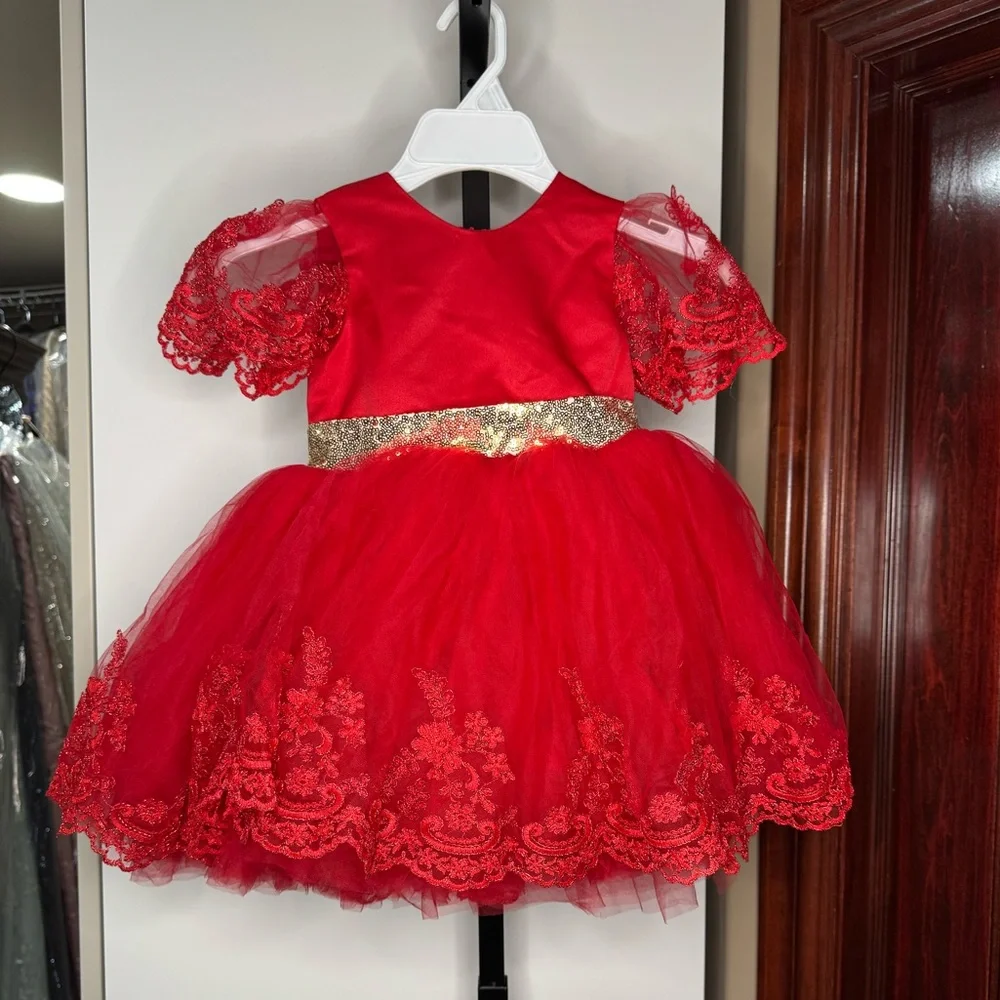 Handmade Red Lace Tulle Dress with Gold Accent - Picture 1 of 3